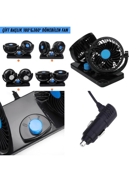 Üniversal Oto Ofis Araç Içi Torpido Üstü Vantilatör Çift Başlıklı Çakmaklık Girişli 2 Kademeli Soğutucu Fan 360° Dönebilen Ultra Sessiz Araç Fanı 12V Mavi ONV54