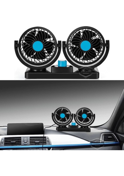 Üniversal Oto Ofis Araç Içi Torpido Üstü Vantilatör Çift Başlıklı Çakmaklık Girişli 2 Kademeli Soğutucu Fan 360° Dönebilen Ultra Sessiz Araç Fanı 12V Mavi ONV54