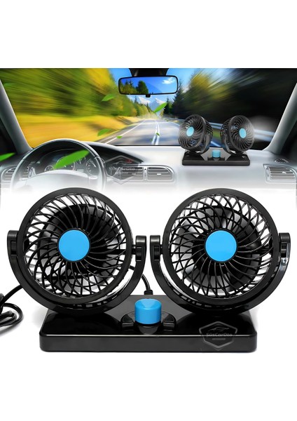 Üniversal Oto Ofis Araç Içi Torpido Üstü Vantilatör Çift Başlıklı Çakmaklık Girişli 2 Kademeli Soğutucu Fan 360° Dönebilen Ultra Sessiz Araç Fanı 12V Mavi ONV54