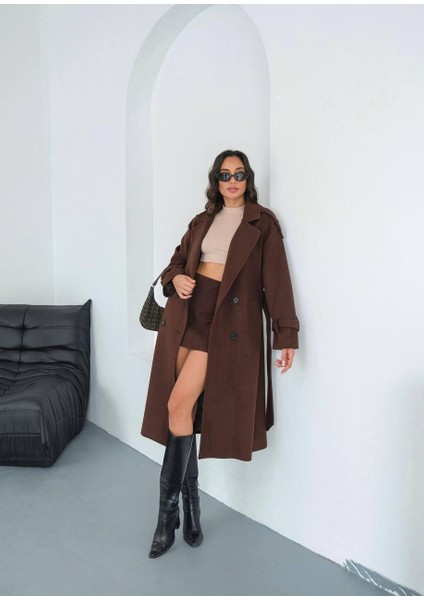 Premium Oversize Modern Kahverengi Kaşe Kaban