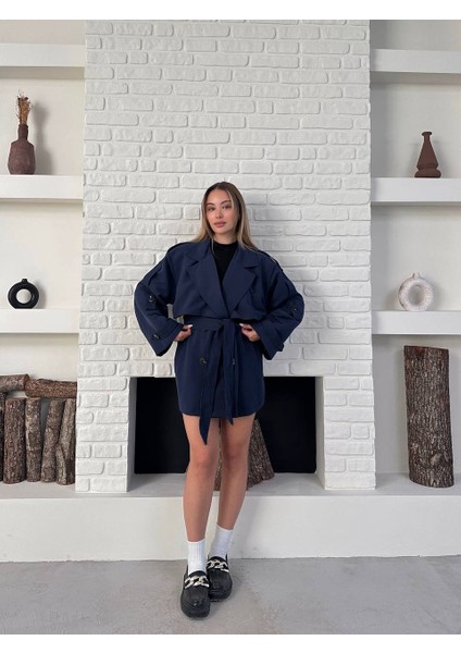Lacivert Oversize Düşük Omuz Rüzgarlık Detaylı Kısa Trençkot