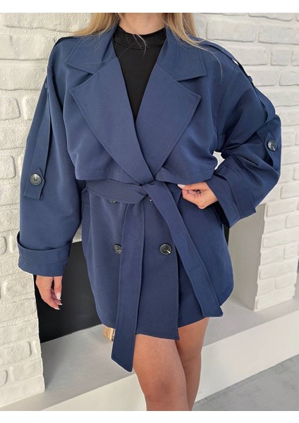 Lacivert Oversize Düşük Omuz Rüzgarlık Detaylı Kısa Trençkot fiyatları