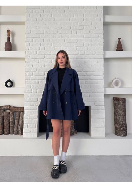 Lacivert Oversize Düşük Omuz Rüzgarlık Detaylı Kısa Trençkot indirimleri