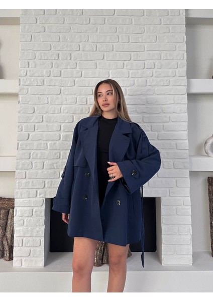 Lacivert Oversize Düşük Omuz Rüzgarlık Detaylı Kısa Trençkot