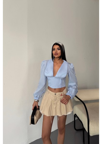 Crop Poplin Gömlek Yaka Kenar Dantel Detaylı - Bebe Mavi fırsatları