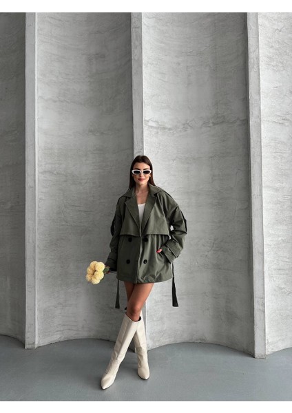 Koyu Haki Oversize Düşük Omuz Rüzgarlık Detaylı Kısa Trençkot
