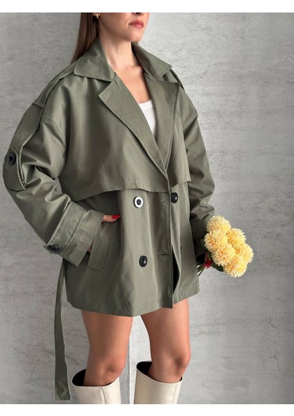 Koyu Haki Oversize Düşük Omuz Rüzgarlık Detaylı Kısa Trençkot indirimleri