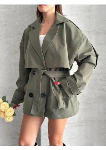 Koyu Haki Oversize Düşük Omuz Rüzgarlık Detaylı Kısa Trençkot