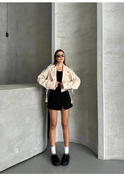 Zr Kısa Crop Kemerli Bej Trençkot modelleri