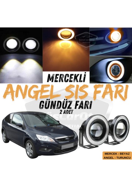 Ford Focus 2.5 2009-2011 Uyumlu Üniversal Mercekli Angel Sis Farı Metal Su Geçirmez 76 mm Turuncu Halkalı Gündüz Farı Angel Eyes 2 Adet