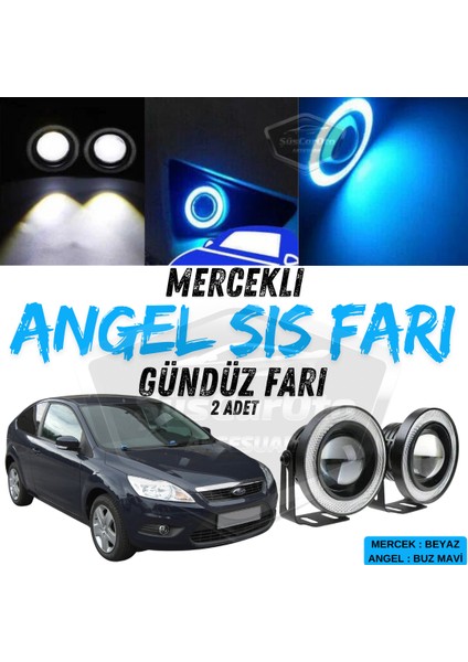 Ford Focus 2.5 2009-2011 Uyumlu Üniversal Mercekli Angel Sis Farı Metal Su Geçirmez 76 mm Buz Mavi Halkalı Gündüz Farı Angel Eyes 2 Adet