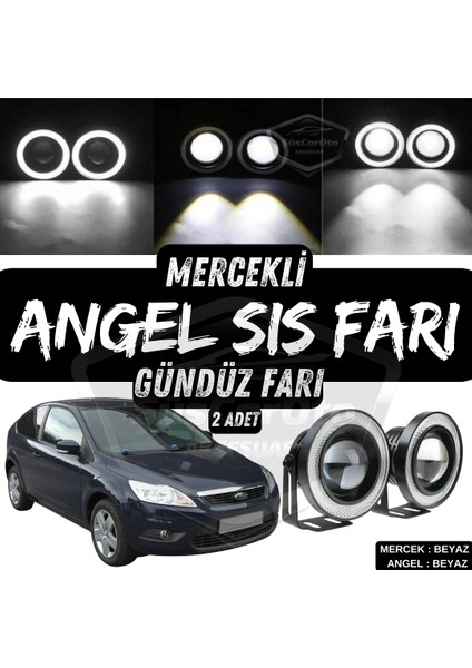 Ford Focus 2.5 2009-2011 Uyumlu Üniversal Mercekli Angel Sis Farı Metal Su Geçirmez 76 mm Beyaz Halkalı Gündüz Farı Angel Eyes 2 Adet