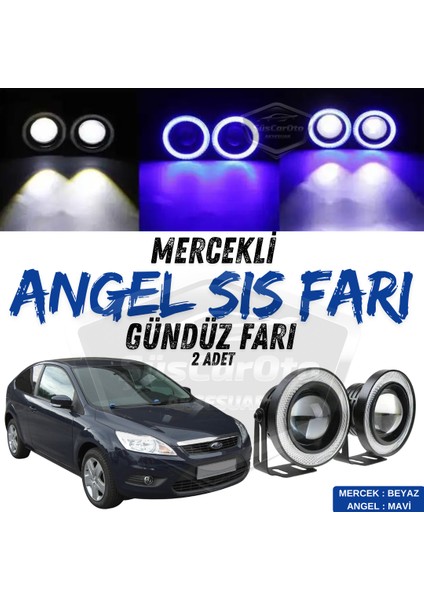 Ford Focus 2.5 2009-2011 Uyumlu Üniversal Mercekli Angel Sis Farı Metal Su Geçirmez 76 mm Mavi Halkalı Gündüz Farı Angel Eyes 2 Adet