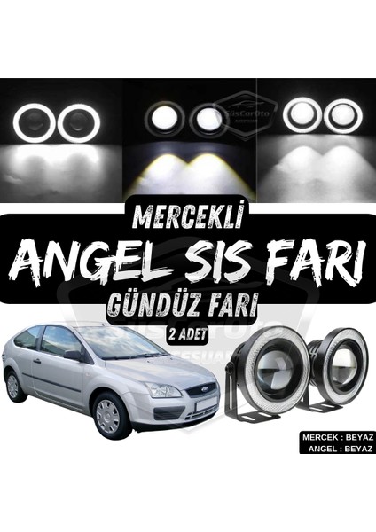 Ford Focus 2 2004-2008 Uyumlu Üniversal Mercekli Angel Sis Farı Metal Su Geçirmez 76 mm Beyaz Halkalı Gündüz Farı Angel Eyes 2 Adet