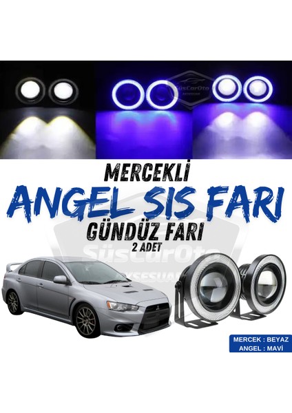 Mitsubishi Lancer 2007-2014 Uyumlu Üniversal Mercekli Angel Sis Farı Metal Su Geçirmez 76 mm Mavi Halkalı Gündüz Farı Angel Eyes 2 Adet