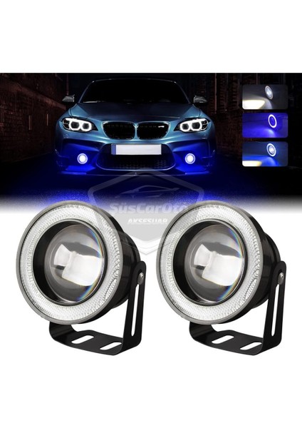 Mitsubishi Lancer 2007-2014 Uyumlu Üniversal Mercekli Angel Sis Farı Metal Su Geçirmez 76 mm Mavi Halkalı Gündüz Farı Angel Eyes 2 Adet