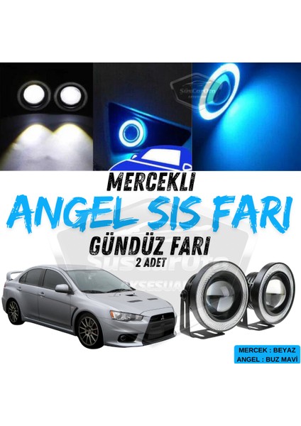 Mitsubishi Lancer 2007-2014 Uyumlu Üniversal Mercekli Angel Sis Farı Metal Su Geçirmez 76 mm Buz Mavi Halkalı Gündüz Farı Angel Eyes 2 Adet