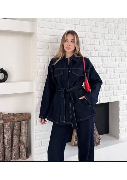 Bağlamalı Koyu Lacivert Denim Takım Oversize Ceket ve Pantolon