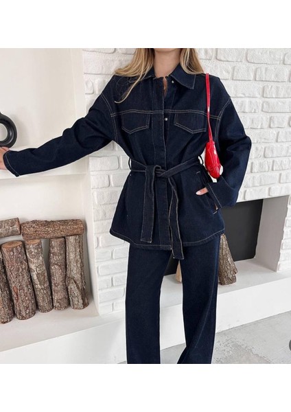Bağlamalı Koyu Lacivert Denim Takım Oversize Ceket ve Pantolon fiyatları
