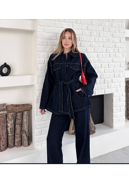 Bağlamalı Koyu Lacivert Denim Takım Oversize Ceket ve Pantolon modelleri
