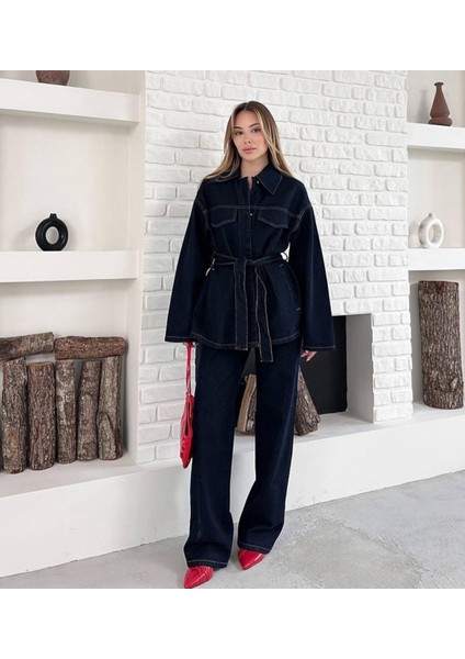Bağlamalı Koyu Lacivert Denim Takım Oversize Ceket ve Pantolon fırsatları