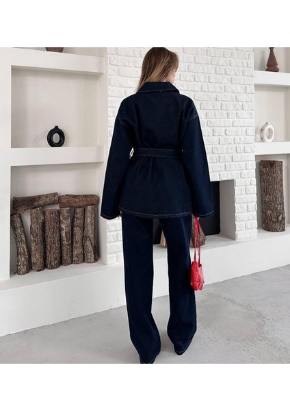 Bağlamalı Koyu Lacivert Denim Takım Oversize Ceket ve Pantolon indirimleri