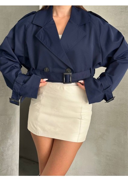 Zr Kısa Crop Kemerli Lacivert Trençkot