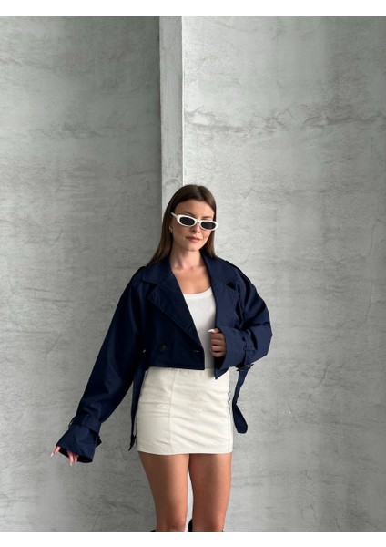 Zr Kısa Crop Kemerli Lacivert Trençkot