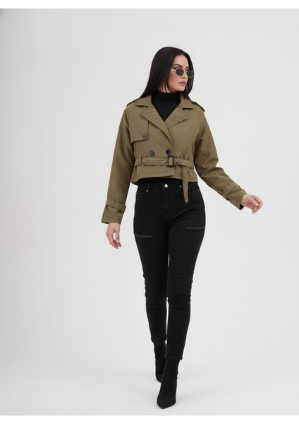 Zr Kısa Crop Kemerli Haki Trençkot