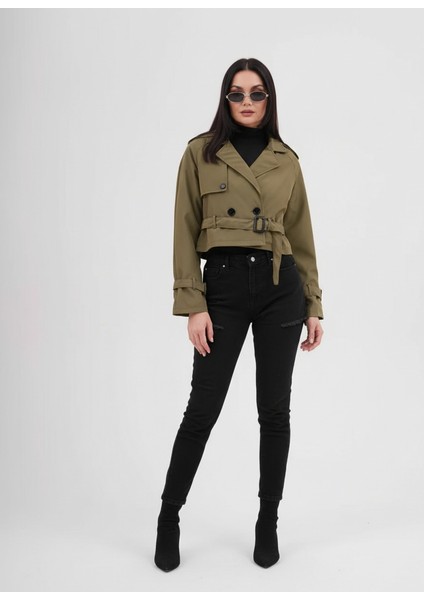 Zr Kısa Crop Kemerli Haki Trençkot modelleri