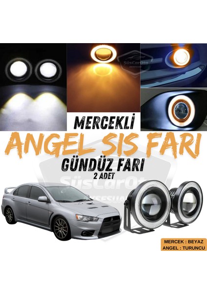 Mitsubishi Lancer 2007-2014 Uyumlu Üniversal Mercekli Angel Sis Farı Metal Su Geçirmez 76 mm Turuncu Halkalı Gündüz Farı Angel Eyes 2 Adet