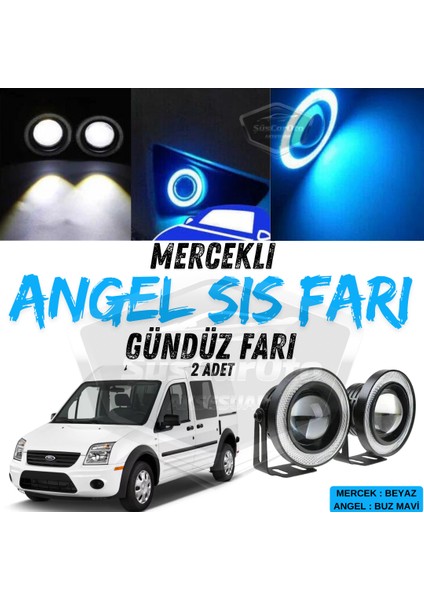 Ford Transit Connect 2002-2013 Uyumlu Üniversal Mercekli Angel Sis Farı Metal Su Geçirmez 76 mm Buz Mavi Halkalı Gündüz Farı Angel Eyes 2 Adet
