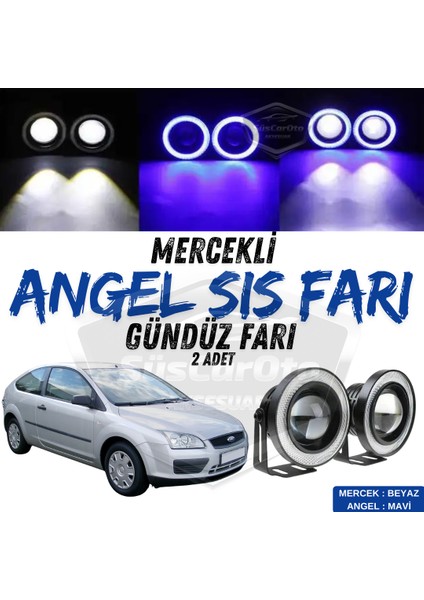 Ford Focus 2 2004-2008 Uyumlu Üniversal Mercekli Angel Sis Farı Metal Su Geçirmez 76 mm Mavi Halkalı Gündüz Farı Angel Eyes 2 Adet