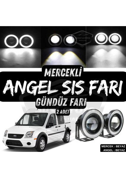 Ford Transit Connect 2002-2013 Uyumlu Üniversal Mercekli Angel Sis Farı Metal Su Geçirmez 76 mm Beyaz Halkalı Gündüz Farı Angel Eyes 2 Adet