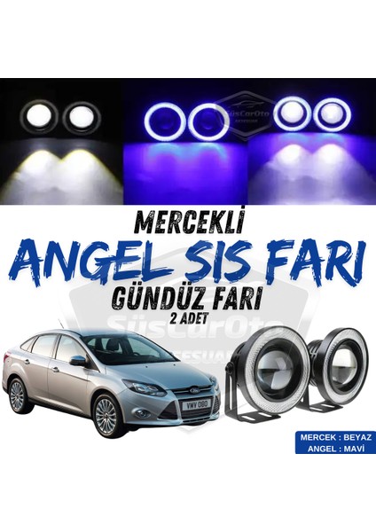 Ford Focus 3 2011-2014 Uyumlu Üniversal Mercekli Angel Sis Farı Metal Su Geçirmez 76 mm Mavi Halkalı Gündüz Farı Angel Eyes 2 Adet