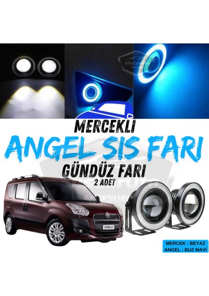 Fiat Doblo D3 2010-2015 Uyumlu Üniversal Mercekli Angel Sis Farı Metal Su Geçirmez 76 mm Buz Mavi Halkalı Gündüz Farı Angel Eyes 2 Adet