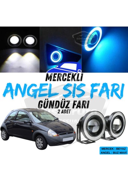 Ford Ka 1996-2008 Uyumlu Üniversal Mercekli Angel Sis Farı Metal Su Geçirmez 76 mm Buz Mavi Halkalı Gündüz Farı Angel Eyes 2 Adet