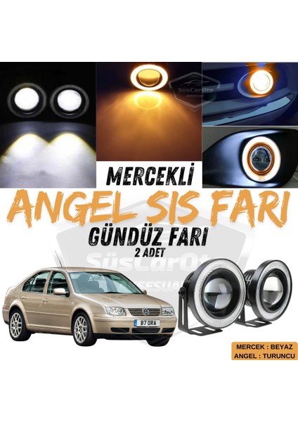 Vw Bora 1998-2006 Uyumlu Üniversal Mercekli Angel Sis Farı Metal Su Geçirmez 76 mm Turuncu Halkalı Gündüz Farı Angel Eyes 2 Adet