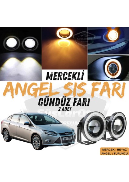 Ford Focus 3 2011-2014 Uyumlu Üniversal Mercekli Angel Sis Farı Metal Su Geçirmez 76 mm Turuncu Halkalı Gündüz Farı Angel Eyes 2 Adet