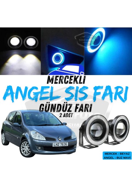 Renault Clio 3 2005-2013 Uyumlu Üniversal Mercekli Angel Sis Farı Metal Su Geçirmez 76 mm Buz Mavi Halkalı Gündüz Farı Angel Eyes 2 Adet
