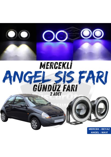 Ford Ka 1996-2008 Uyumlu Üniversal Mercekli Angel Sis Farı Metal Su Geçirmez 76 mm Mavi Halkalı Gündüz Farı Angel Eyes 2 Adet