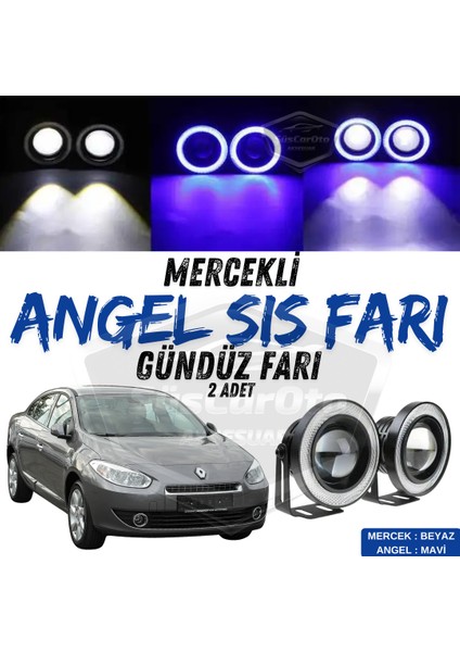 Renault Fluence 2009-2016 Uyumlu Üniversal Mercekli Angel Sis Farı Metal Su Geçirmez 76 mm Mavi Halkalı Gündüz Farı Angel Eyes 2 Adet