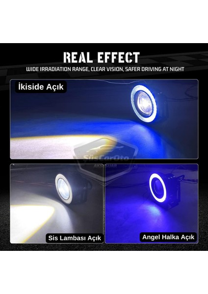 Renault Fluence 2009-2016 Uyumlu Üniversal Mercekli Angel Sis Farı Metal Su Geçirmez 76 mm Mavi Halkalı Gündüz Farı Angel Eyes 2 Adet fırsatları