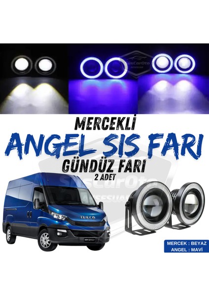 Iveco Daily Uyumlu Üniversal Mercekli Angel Sis Farı Metal Su Geçirmez 76 mm Mavi Halkalı Gündüz Farı Angel Eyes 2 Adet