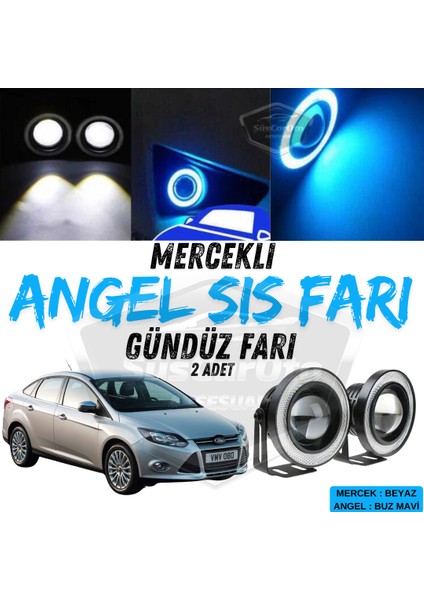 Ford Focus 3 2011-2014 Uyumlu Üniversal Mercekli Angel Sis Farı Metal Su Geçirmez 76 mm Buz Mavi Halkalı Gündüz Farı Angel Eyes 2 Adet