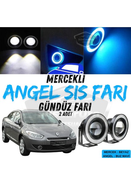 Renault Fluence 2009-2016 Uyumlu Üniversal Mercekli Angel Sis Farı Metal Su Geçirmez 76 mm Buz Mavi Halkalı Gündüz Farı Angel Eyes 2 Adet