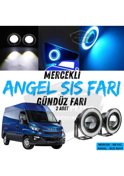 Iveco Daily Uyumlu Üniversal Mercekli Angel Sis Farı Metal Su Geçirmez 76 mm Buz Mavi Halkalı Gündüz Farı Angel Eyes 2 Adet