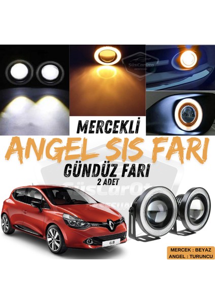 Renault Clio 4 2012-2020 Uyumlu Üniversal Mercekli Angel Sis Farı Metal Su Geçirmez 76 mm Turuncu Halkalı Gündüz Farı Angel Eyes 2 Adet