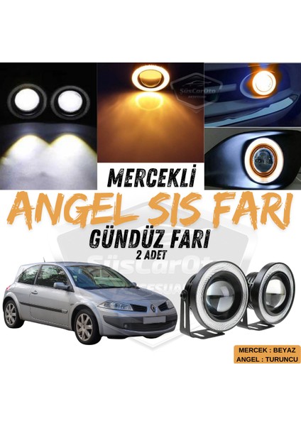 Renault Megane 2 2003-2008 Uyumlu Üniversal Mercekli Angel Sis Farı Metal Su Geçirmez 76 mm Turuncu Halkalı Gündüz Farı Angel Eyes 2 Adet