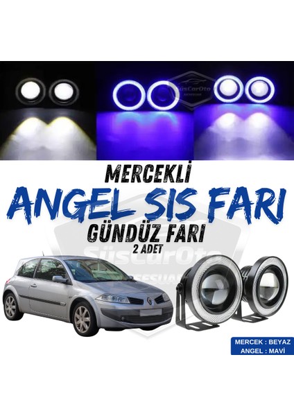 Renault Megane 2 2003-2008 Uyumlu Üniversal Mercekli Angel Sis Farı Metal Su Geçirmez 76 mm Mavi Halkalı Gündüz Farı Angel Eyes 2 Adet
